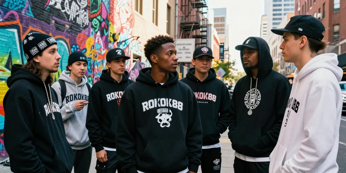 Fans wearing unique rokok88 merchandise in an urban street culture setting, showcasing vibrant style and connection.