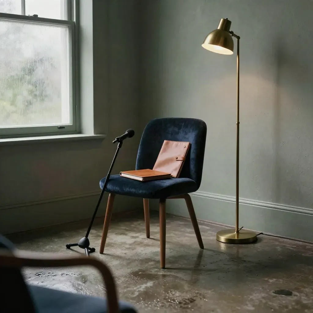 Lege coachingstudio met fluwelen stoel, koperen lamp, microfoonstatief en leren notitieboek in regenlicht