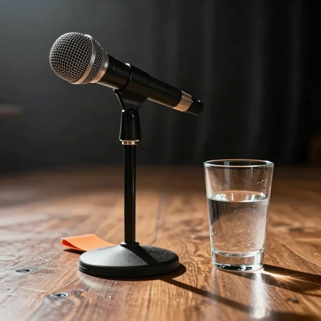 Microfoon, lessenaar, stage-marker en waterglas op een donker podium in dramatisch licht.
