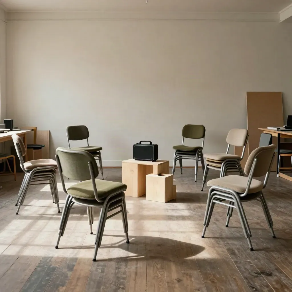Lege workshopruimte met stoelen, speaker en oefenblokken in warm, dramatisch licht.