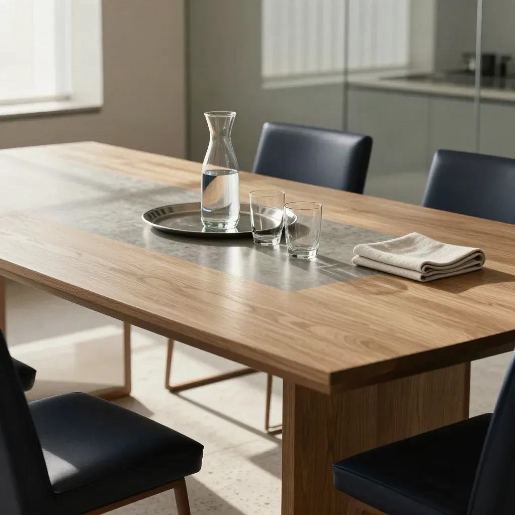 Lege boardroom met waterkaraf, rechte stoelen en zachte zonstrepen door jaloezieën.