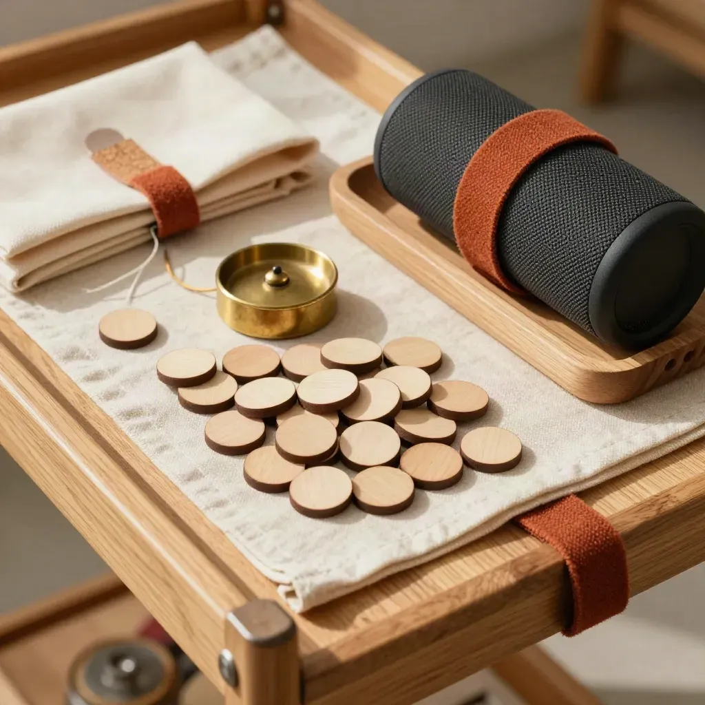 Bovenaanzicht van workshopkit met houten tokens, brass chime en speaker op linnen runner.