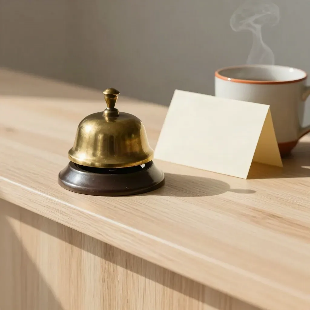 Messing bel op licht hout met kaartje en koffiering, zacht stoomspoor, warm en minimalistisch.