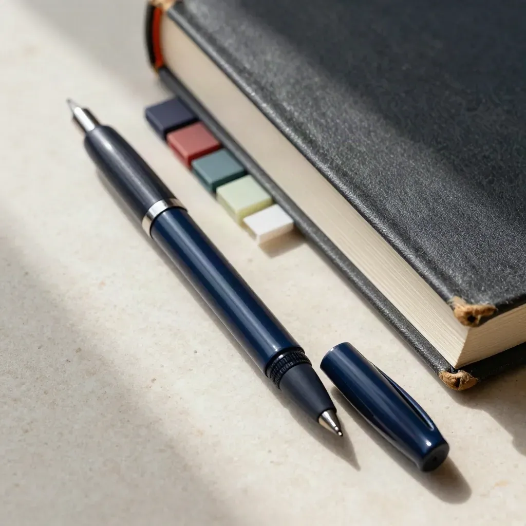 Bovenaanzicht van een feltstift, gekleurde tabjes en een gesloten werkboek op lichte steen.