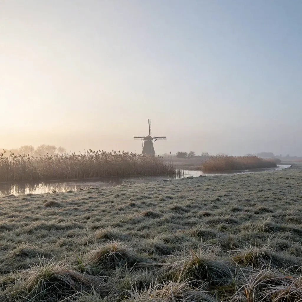 Polder bij Amersfoort met windmolen, dijk, riet en ochtendmist